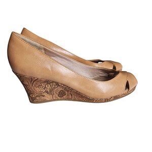 LifeStride Genuine Leather Peep Toe Platform Wedge Heels Tan Size 9